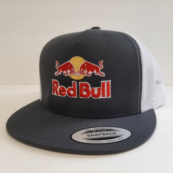 Red Bull Embroidered Flat Bill Snapback Mesh Hat Cap Gray Yupoong Trucker Racing
